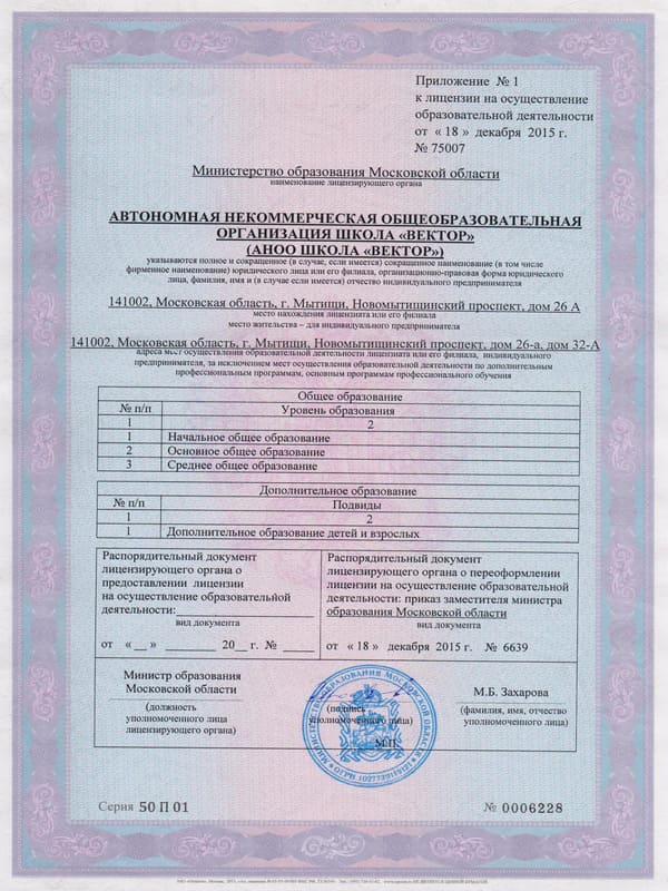 Приложение №1 к лицензии на осуществление образовательной деятельности от 18 декабря 2015 года